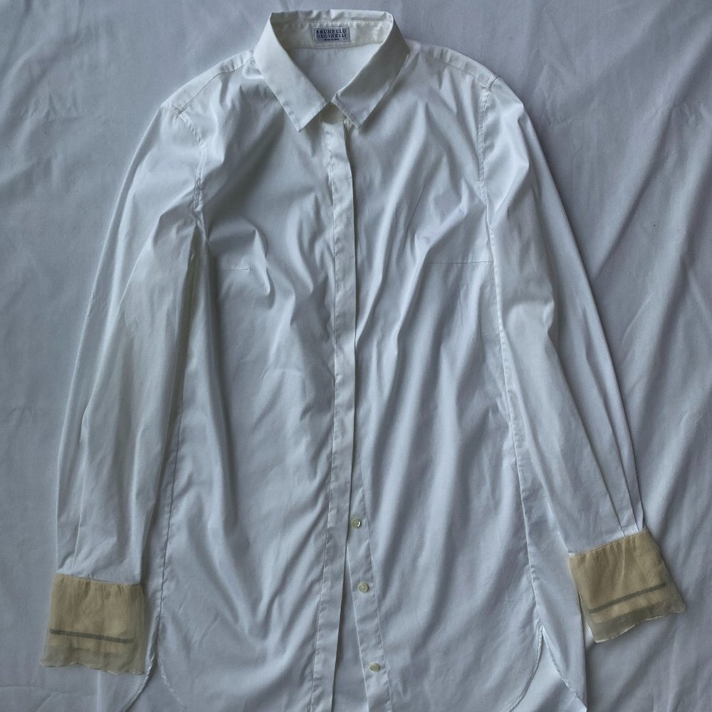 Beautiful Brunello Cuccinelli White Button Down Blouse, Sheer Silk Cuff, Size M.
